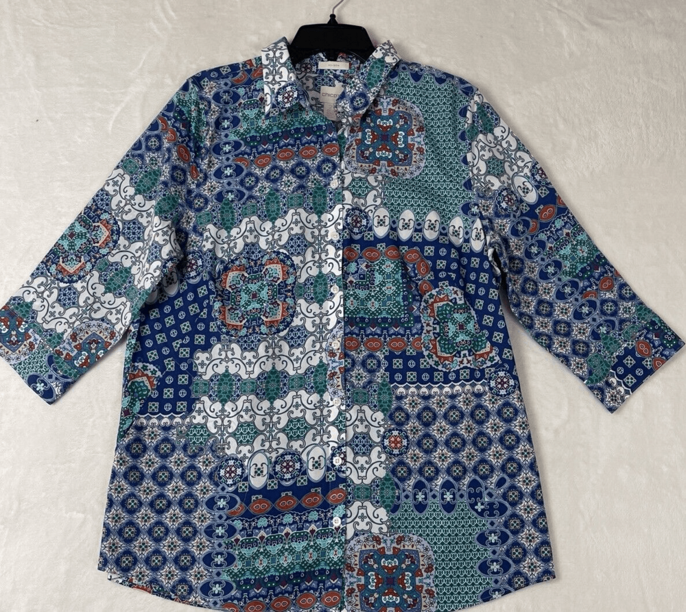 CHICO'S NO IRON Blue White Striped Cotton Button Down BLOUSE SIZE 2/L/12